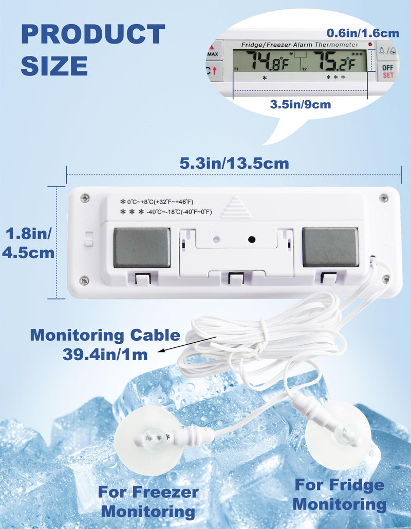 Digital Refrigerator Thermometer 2 Channel Freezer Thermometer with Alarm Sound Reminder Thermometer Fridge with Max/Min Temperature Record Freezer Alarm with Magnetic Back for Home Kitchen Refrigerator Universal Version