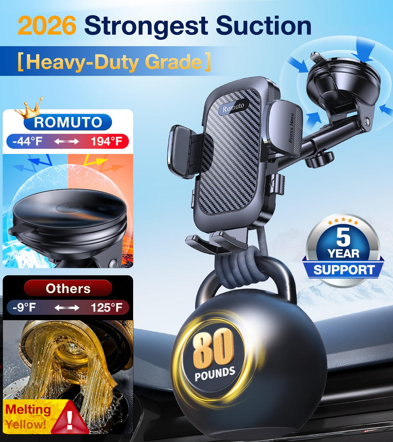 Romuto Phone Holders for Your Car Phone Holder Mount【Super Suction】Cell Phone Holder for Car Accessories for Women Men【360° Adjustable】Suction Phone Mount for Car, Window, Bathroom for iPhone Samsung Dark Black