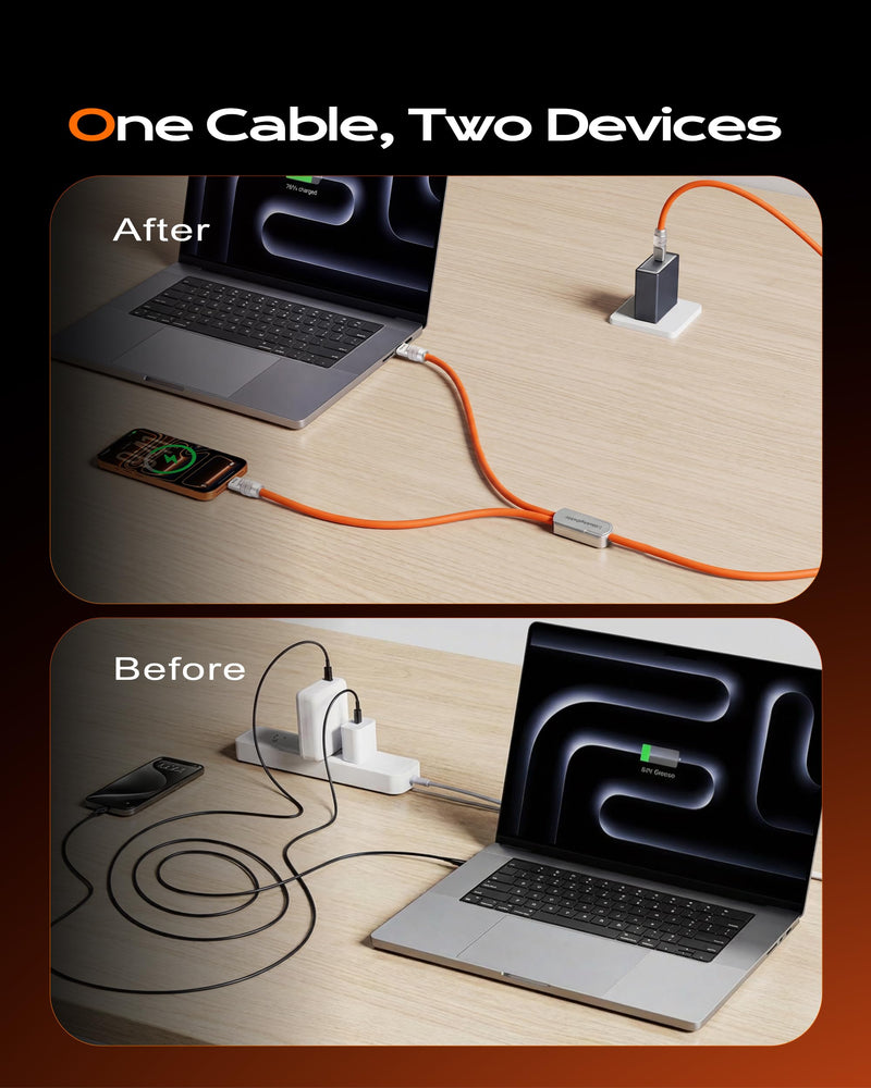 chubbycable Duo-Flex 100W & 60W 2-in-1 Fast Charging & Data Transfer Cable with Soft Silicone USB C Multi Charging Cable for iPhone 17 Series iPad Galaxy Series, Red+Orange