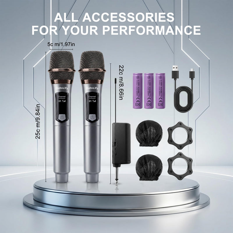 Wireless Microphone, Dual Handheld Dynamic Mics with Rechargeable Receiver, 200ft Range, 12H Duration, Portable Karaokee Microphone for Singing, Speaking & Wedding