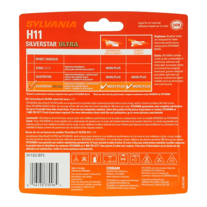 SYLVANIA - H11 SilverStar Ultra - High Performance Halogen Headlight Bulb, High Beam, Low Beam and Fog Replacement Bulb, Brightest Downroad with Whiter Light, Tri-Band Technology (Contains 2 Bulbs)