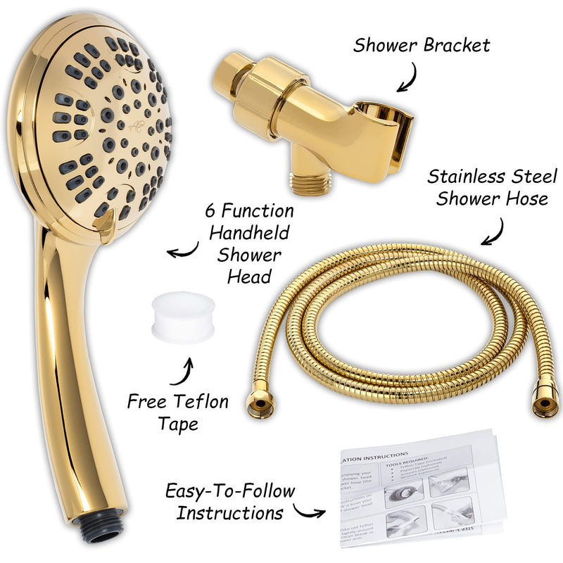 Aqua Elegante Luxury Handheld Shower Kit - 6 Function High Pressure Removable Hand Held Showerhead with Hose and Mount, Easy Install for Boosting Low Water Flow Baths - 2.5 GPM - Polished Brass