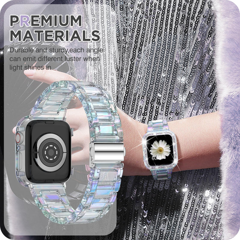 DABAOZA Compatible for Clear Apple Watch Band with Case, Women Girl Resin Lightweight Sport Strap Glitter Bling Bumper Cover with Stainless Steel Buckle for iWatch Band SE Series9/8/7/6/5/4/3/2/1 Colorful Clear 45mm/44mm/42mm