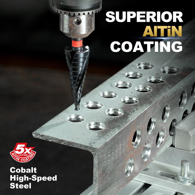 EZARC Step Drill Bit for Metal (3/16''-7/8'')，M35 Cobalt Wear-Resistant AlTiN Coated Step Drill Spiral Flute Unibit, 5/16" Thickened and 1/4" Hex Shank for Stainless Steel, Aluminum, Plastic 3/16"- 7/8"