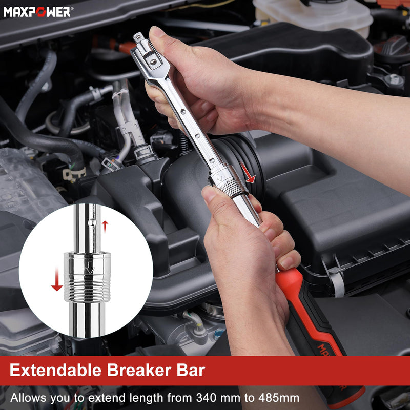MAXPOWER Extendable Breaker Bar, Dual Head 1/2" & 3/8" Drive 360° Flex Head Cheater Bar, 5-Gear Extending Locking, Extendable Handle 13-3/8" to 18" Dual drive