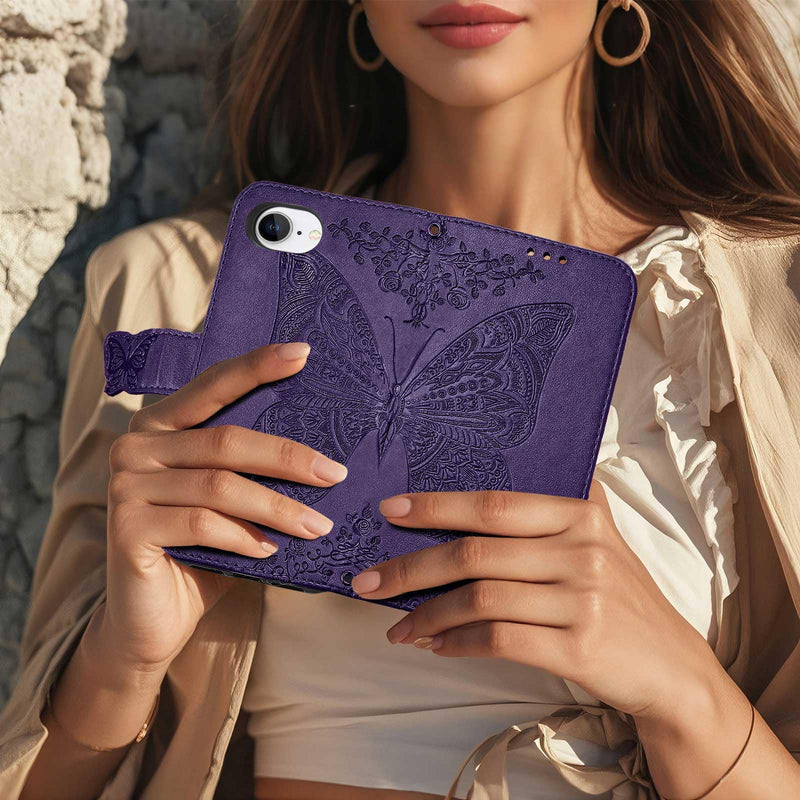 for iPhone 17e Wallet Case for Women,Butterfly Flip Cover,Purple | Embossed PU Leather, Stand, Card Holder Slots, Wrist Strap,Protective Phone Purse 6.1" Purple