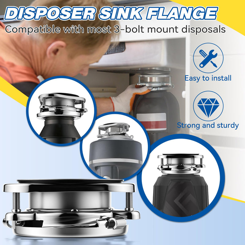 Saillong Garbage Disposal Flange 3 Bolt Mount Stainless Steel Kitchen Sink Flange Kit with Stopper for 3 1/2 Inch Standard Sink Drain Hole Compatible with InSinkErator Models Garbage Disposal (Silver) Silver