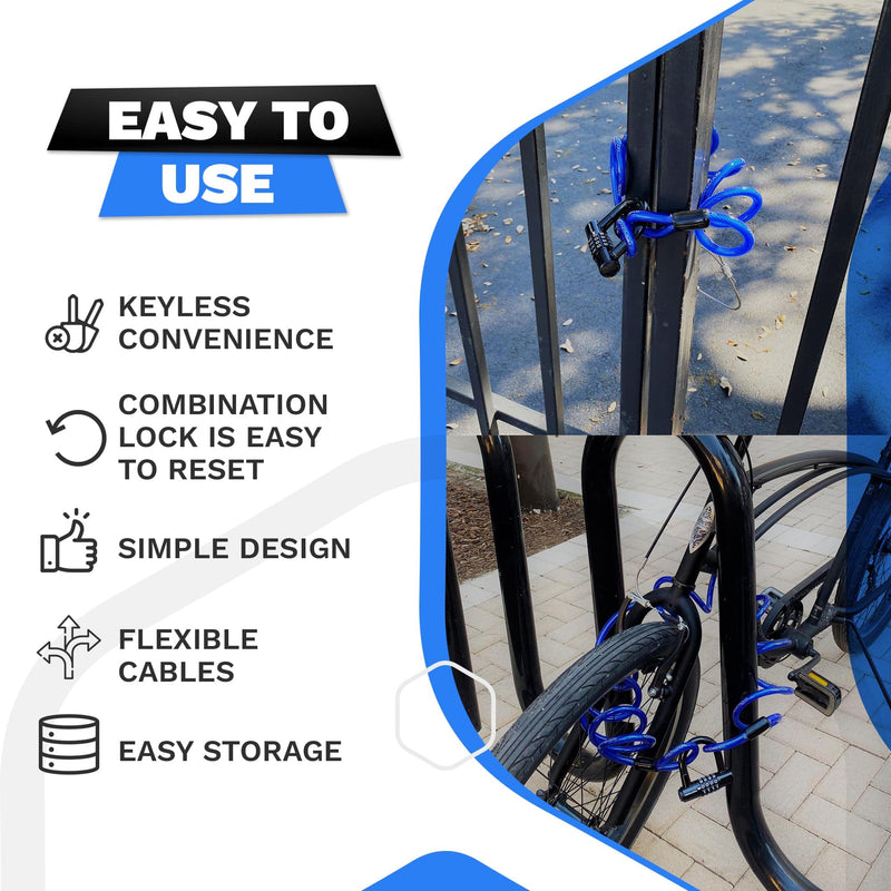 Coiled Security Cable Lock Set (5' to 25') with U-Lock, 5ft | Anti-Theft Protection, 10mm Looped Ends Cable, Vinyl Coated, Weatherproof, Compact, Resettable Combination, Multi-Purpose