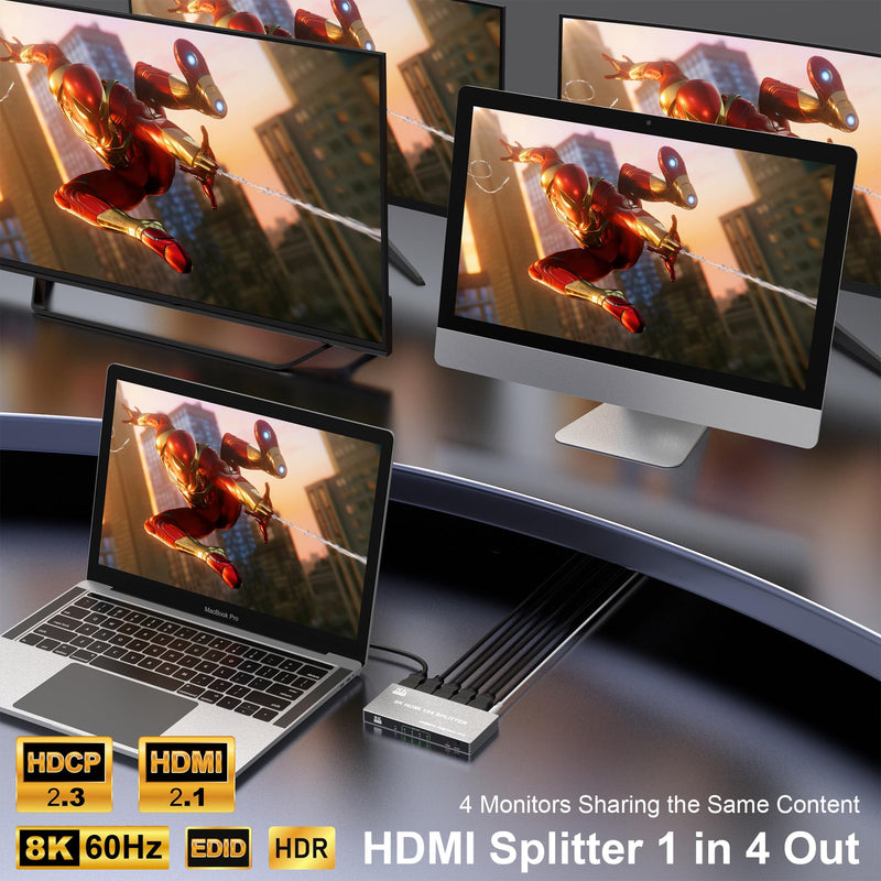 8K HDMI Splitter 1 in 4 Out - 8K@60Hz 4K@120Hz 1x4 HDMI 2.1 Splitter Duplicate/Mirror Any HDMI Signal, 8K Ultra HD, EARC, HDCP 2.3, HDR, VRR, EDID, for TV/Monitor/Fire Stick/ PS5 PS4/ Xbox/Player