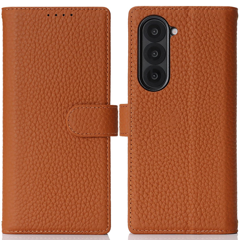 Genuine Leather Case for Galaxy Z Fold6 Wallet Case for Samsung Galaxy Z Fold 6 5G Magnetic Flip Cover Book Purse Card Holder Kickstand Shockproof Phone Cover-Brown Brown