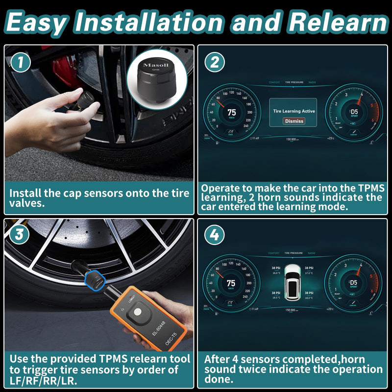 TPMS Sensor for GM Chevy Chevrolet Silverado Buick Cadillac GMC, Gen 2 TPMS Sensors Set of 4 with 1 TPMS relearn Tool, External Tire Pressure Sensor, Easy to Install