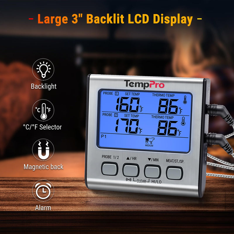 TempPro TP17 Dual Probe Digital Cooking Meat Thermometer Large LCD Backlight Food Grill Thermometer with Timer Mode for Smoker Kitchen Oven BBQ, Silver (Previously ThermoPro) 2-probes