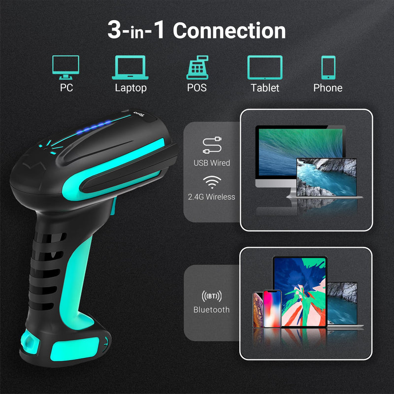 Tera Barcode Scanner Wireless 2D QR with Stand: Pro Version Battery Level Indicator 2500mAh Industrial Grade Bar Code Reader Works with Bluetooth 2.4G for Windows Mac Android iOS 8100 Pro Blue