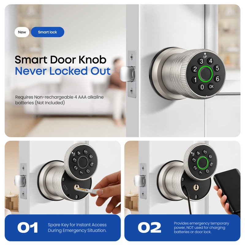 Fingerprint Door Knob, Smart Biometric Door Lock Keyless Entry with Auto-Lock for Front Door, Bedroom, Interior or Exterior Use in Satin Nickel 1