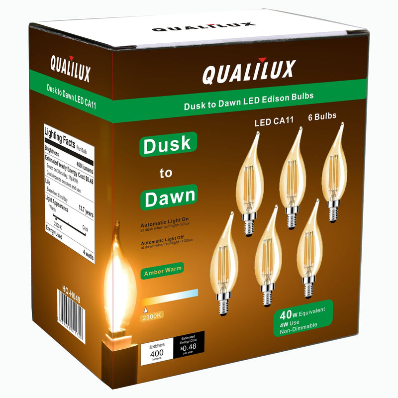 Qualilux Dusk to Dawn CA11 Candelabra LED Bulbs, Vintage Full Amber Glass, Non-Plastic, Warm Amber 2300K, 4W=40W, 400LM Auto On/Off Light Sensing Bulb, Non-dimmable, E12 Base, 6-Pack, HQ-H049