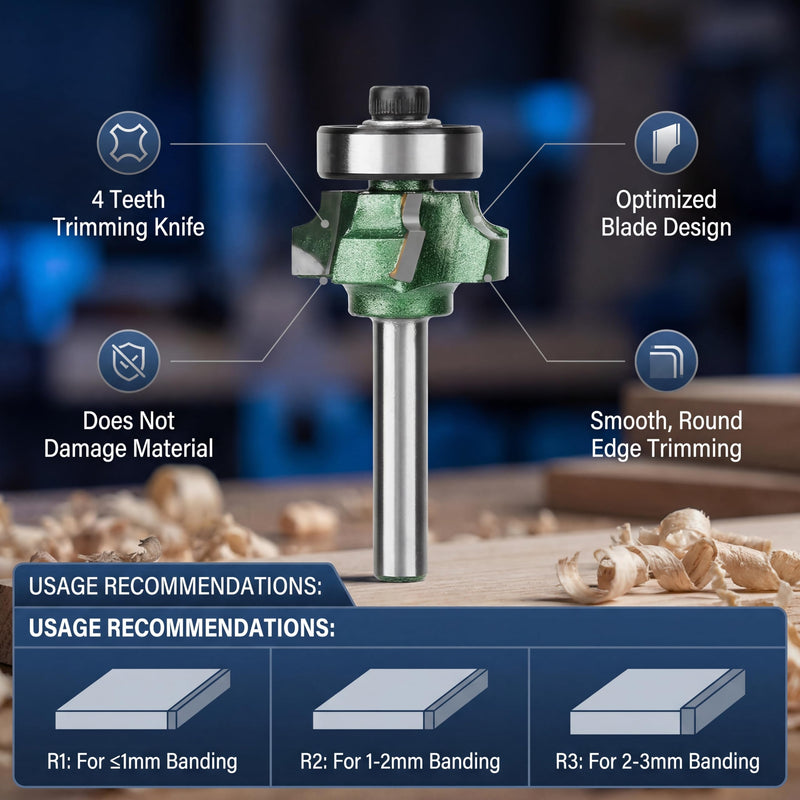 FTVOGUE Trimmer Router Bit R1/R2/R3 Woodworking Milling Cutter 4 Teeth Trimming Cutter for Woodworking Engraving Machine(1/4 * R2) 1/4 * R2