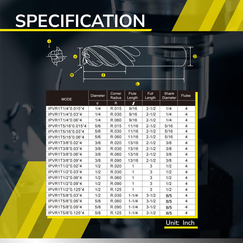 SPEED TIGER Carbide Corner Radius End Mill - 4 Flute - IPVR1T3/8 0.03" 4 (1 Piece, R0.03, 3/8") - Unequal Flute Spacing & Helix Design - for Titanium - Mill Bits Sets for DIYers & Professionals 3/8 in