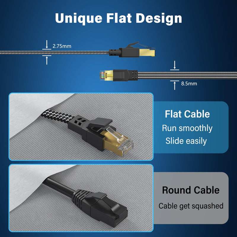 Orbram Cat 8 Ethernet Cable 100 ft, Nylon Braided High Speed Heavy Duty Network LAN Patch Cord, 40Gbps 2000Mhz SFTP RJ45 Flat Internet Cable Shielded in Wall, Indoor&Outdoor for Modem/Router/Gaming/PC Black 100ft
