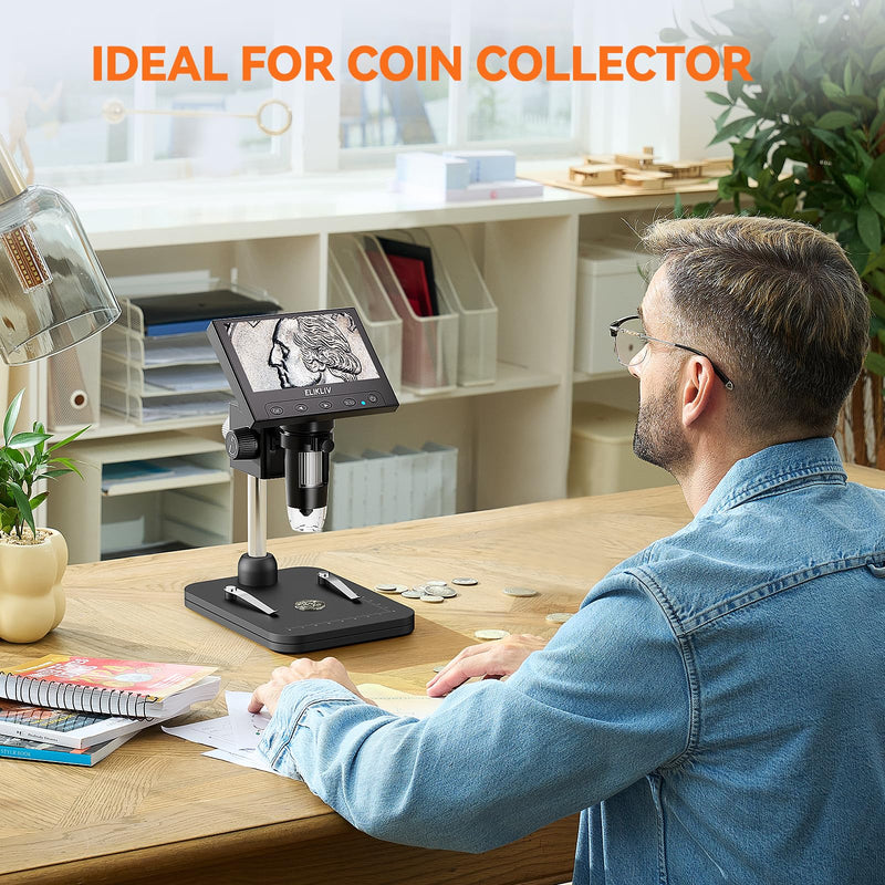 Elikliv Coin Microscope, 4.3'' LCD Digital Microscope 1000x, Coin Magnifier with 8 Adjustable LED Lights, PC View Compatible with Windows/Mac, EDM4B, Black