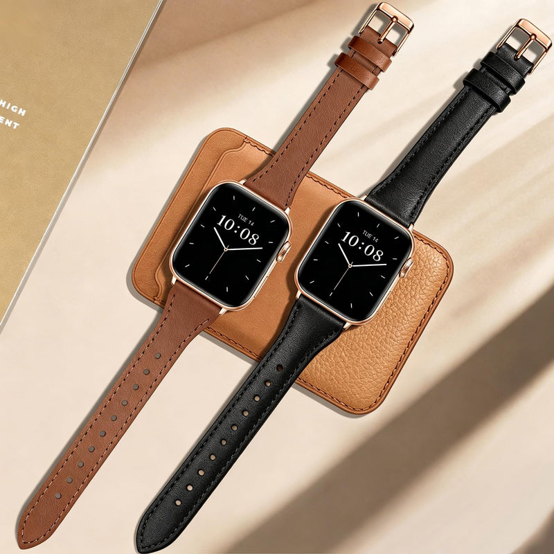 JR.DM 2 Pack Slim Leather Bands for Women Compatible with Apple Watch 40mm 42mm(S10/11) 41mm 38mm, Soft Top Leather Watch Thin Straps Replacement for iWatch Series 11/10/9/8/7/6/5/4/3/2/1/SE A1-2pcs-Black/Brown for Rose Gold 38/40/41/42mm(series 11/10)