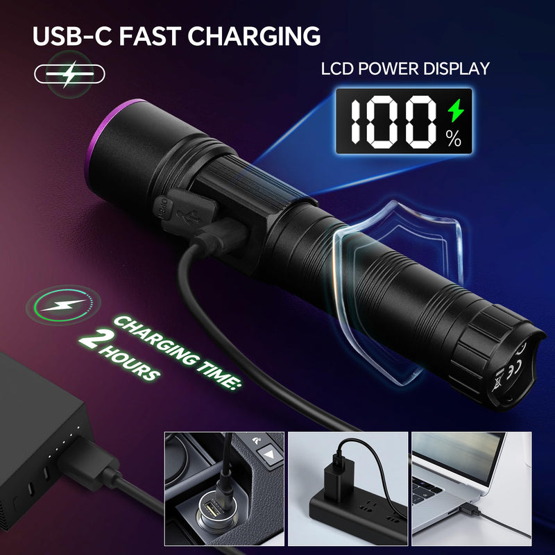 365nm Black Light Flashlight, UV Flashlight Rechargeable with LCD Display, Powerful Ultraviolet Lights for Pet Urine Detection, Resin Curing, Rockhounding, Scorpion, Uranium Glass, A/CLeak