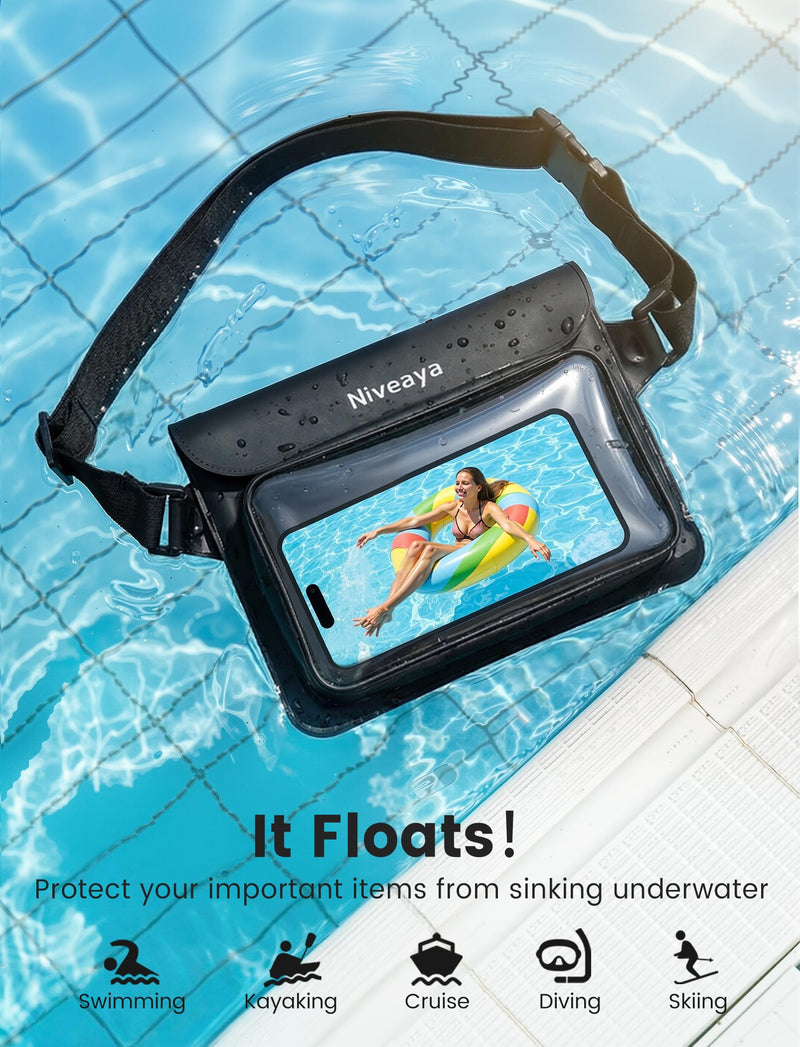 Niveaya IPX8 Waterproof Fanny Pack for Men Women, Large Capacity Touch Screen Dry Bag for Kayaking, Paddle Boarding, Waterpark & Swimming Essentials, Adjustable Waist Strap Pouch for Cell Phone Black&Army Green