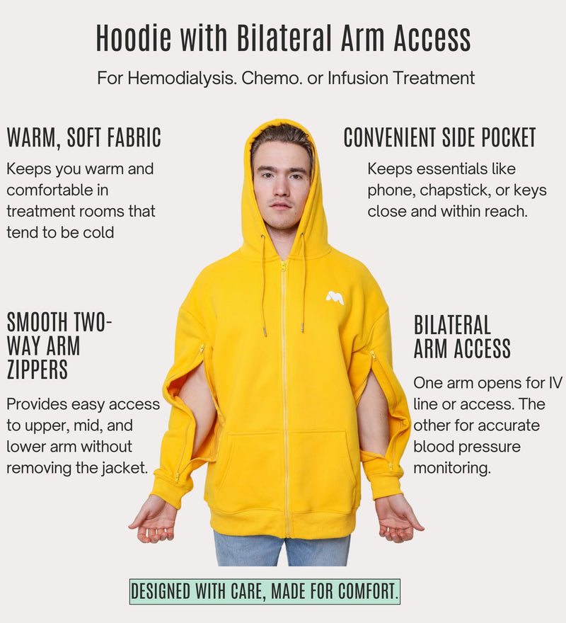 Dialysis Hoodie with Arm Zipper, Warm Adaptive Jacket Sweatshirts for Hemodialysis, Infusion & Chemo Treatments Medium Yellow