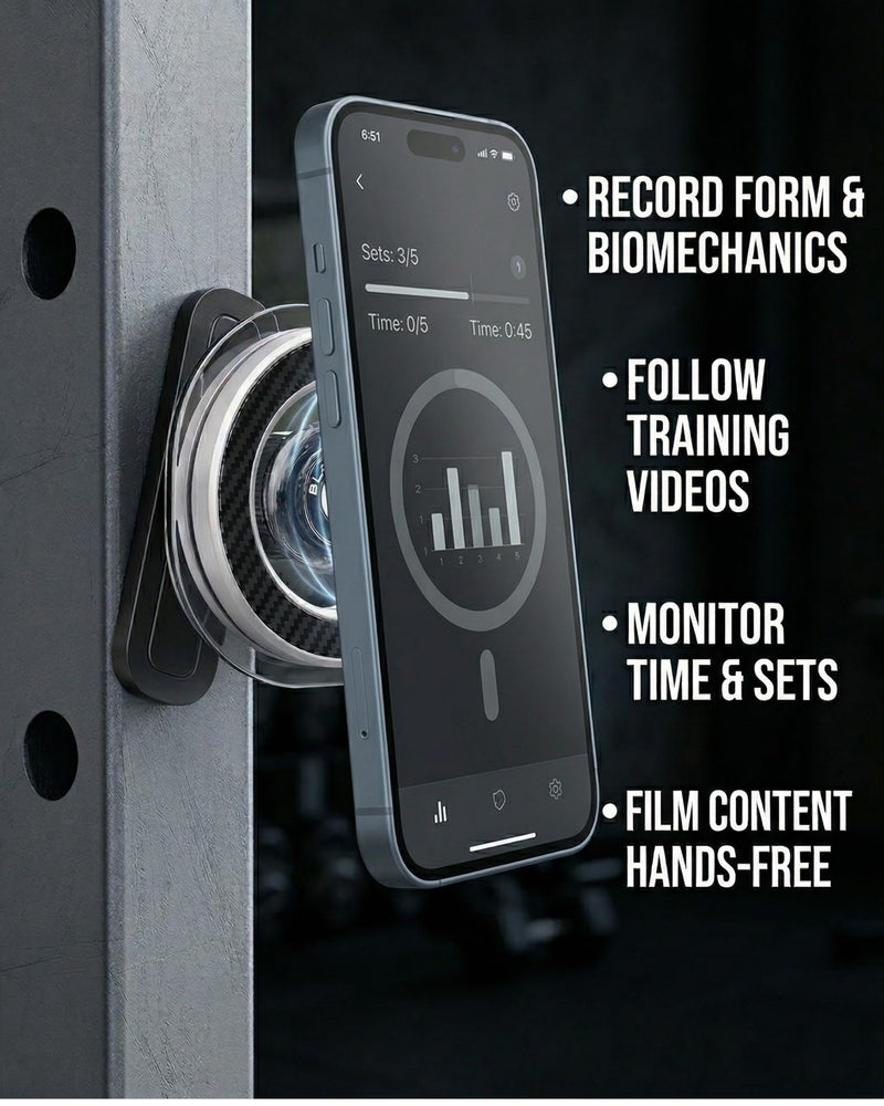 MagSafe Gym Magnet Mount for Gym and Squat Rack, Metal Phone Holder | Snaps to iron and steel racks, benches, golf carts. Ball joint 360 tilt. Android works with the included ring