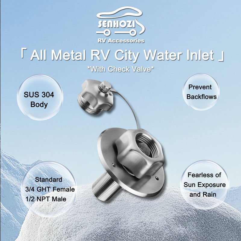 RV City Water Inlet with Check Valve, All Metal RV Water Inlet with 3/4 GHT Female 1/2 NPT Male Connection. RV Water Inlet Replacement for Camper Motorhome Trailer Marine, SE004BN