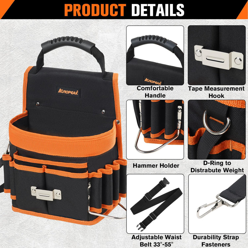 AUROPEAK Tool Belt Pouch, 22 Pockets with Hammer Loops & Tape Clip | Durable Nylon Material, Adjustable Belt Fit, Lightweight Single Side Design, Perfect For HVAC Contractors and Carpenters