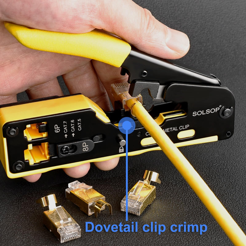 Solsop Pass Through RJ45 Crimp Tool Kit All-in-One Ethernet Crimper Cat7 Cat6 Cat5 Crimping Tool with Network Cable Tester, 50-Pack Cat6 RJ45 Pass Through Connector, 50-Pack Connector Boots RJ45 Crimper Set Yellow-A
