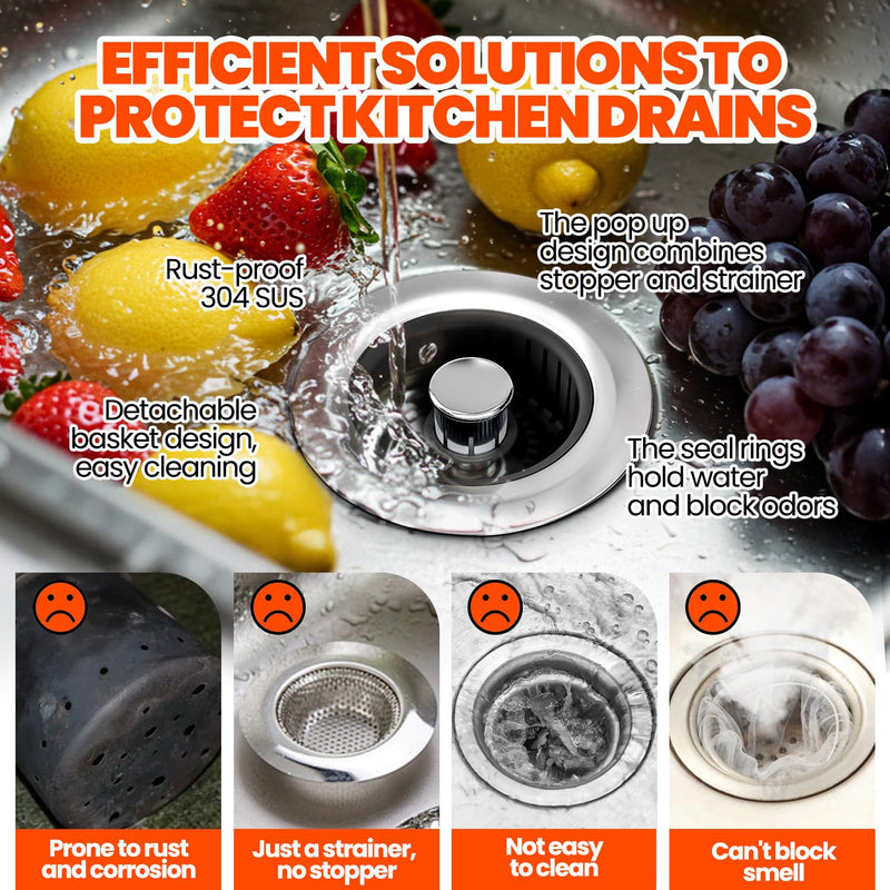 Sink Drain Strainer - Sink Stopper, 3-in-1 Kitchen Stainless Steel Drain Plug with Anti-Clog Basket, Pop-Up Cover Fits Standard 3-1/2” Openings for Double Bowl Kitchen Sinks,Black