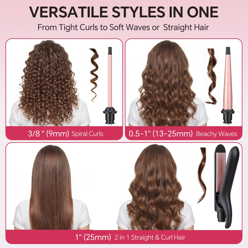 3 in 1 Curling Wand Iron Set with Interchangeable Ceramic Barrels | 9-25MM Hair Curler & Straightener on Short to Long Hair, 14 Temps & LCD Display, Dual Voltage for Travel