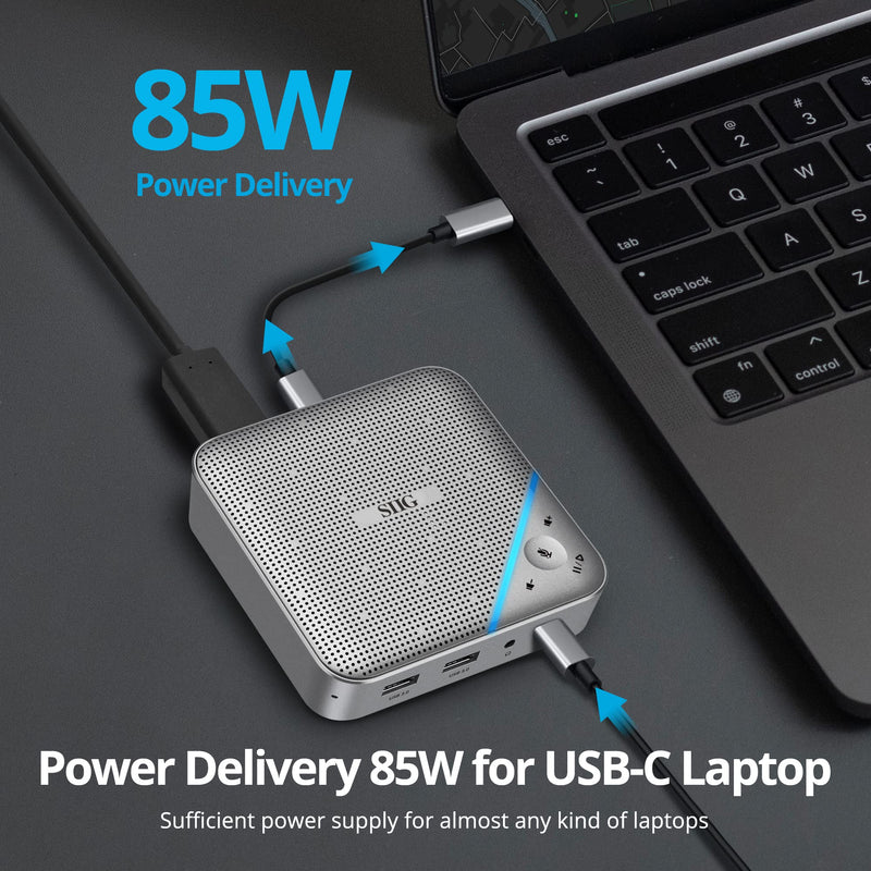 SIIG USB-C Multitask Mini Dock with Conference Speaker, Omnidirectional Microphone, Touch Volume Control, 4K HDMI, USB 3.0, 85W PD, Plug-N-Play, Mac and Windows, Silver (JU-DK0S11-S1)