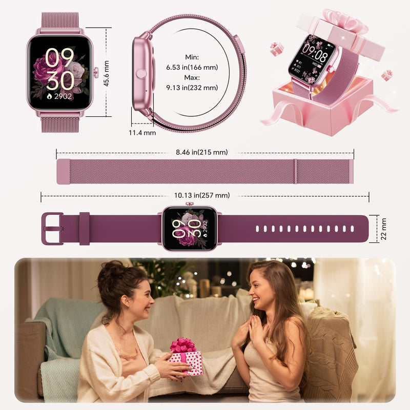 Smart Watches for Women (Calls/SMS/Reminders), 1.85" HD Alexa Smart Watch for Android Phones & iphone Compatible, 120+ Sport Modes Fitness Watch, Heart Rate/SpO2/Sleep Tracker, 3ATM Fitness Trackers Rose Pink-Mulberry Stainless Steel & Silicone
