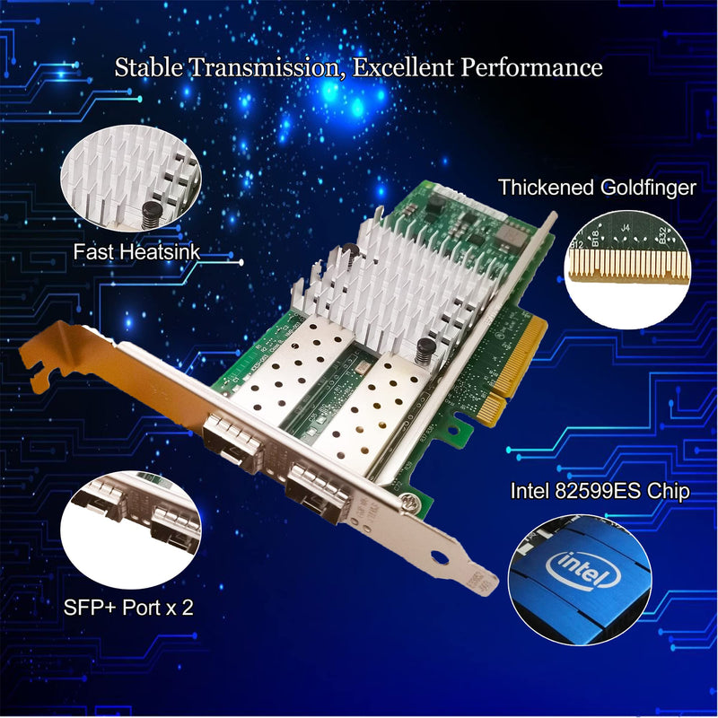 10Gb Network Card Dual SFP+ Ports PCIEx8 Ethernet Converged Server Compatible Intel X520-DA2 82599ES Chip Support Windows 7/8/10/11/Visa,Server/Linux/VMware X520-2*SFP+ Port
