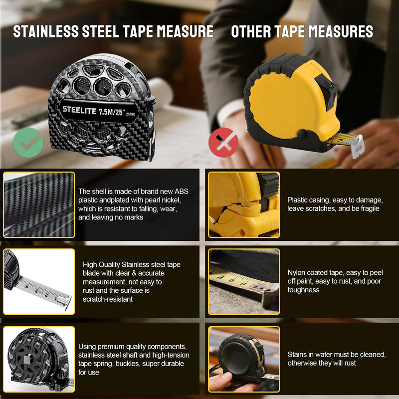 STEELITE Tape Measure 25'FT Stainless Steel Waterproof & Rustproof Retractable Measuring Tape with Hollow Design Carbon Fiber