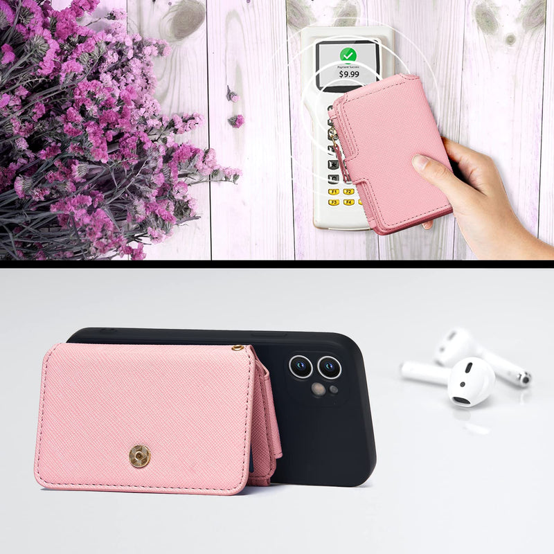 Phone Wallet Stick On,M-Plateau PU Leather Card Holder with Zipper Coin Pocket Compatible with iPhone and iPhone Case for Women with 3M Adhesive and Phone Lanyard Light Pink