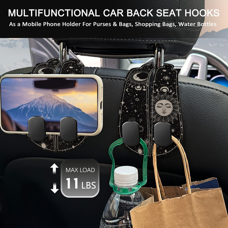 2PCS Car Seat Back Storage Headrest Hooks, Sun and Moon Purse Holder Bags Hanger, PU Leather Double Metal Hook for Backseat Organizer, Women Car Accessories Organization