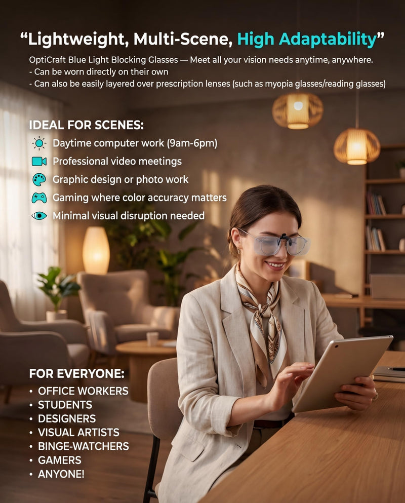 OptiCraft 3 Pack Clip On Blue Light Blocking Glasses, Flip Up Glasses | Computer Gaming, Eye Strain & Sleep Support, UV protection Multifocal Lenses, 12g Ultra Light Fit Over RX Eyeglasses Frame