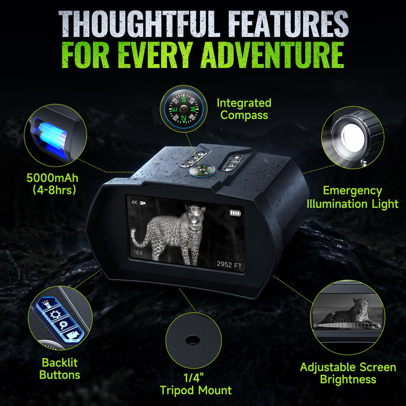 Rappet Night Vision Goggles, 4K Night Vision Binoculars for Adults (4.5" HD Screen/5000mAh Battery/4K UHD VIDEO/2952FT Range/32GB TF Card/18X Digital Zoom/Flashlight) for Hunting, Camping, Black