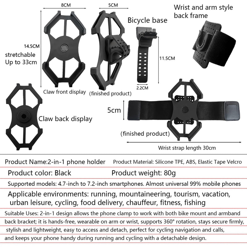360° Rotatable Wrist Phone Armband, 2-in-1 Detachable Bike Phone Mount Holder for 4.4-7.2 Inch iPhone 15/14/13, Samsung Galaxy, Universal Cell Phone Holder for Running, Cycling, Hiking
