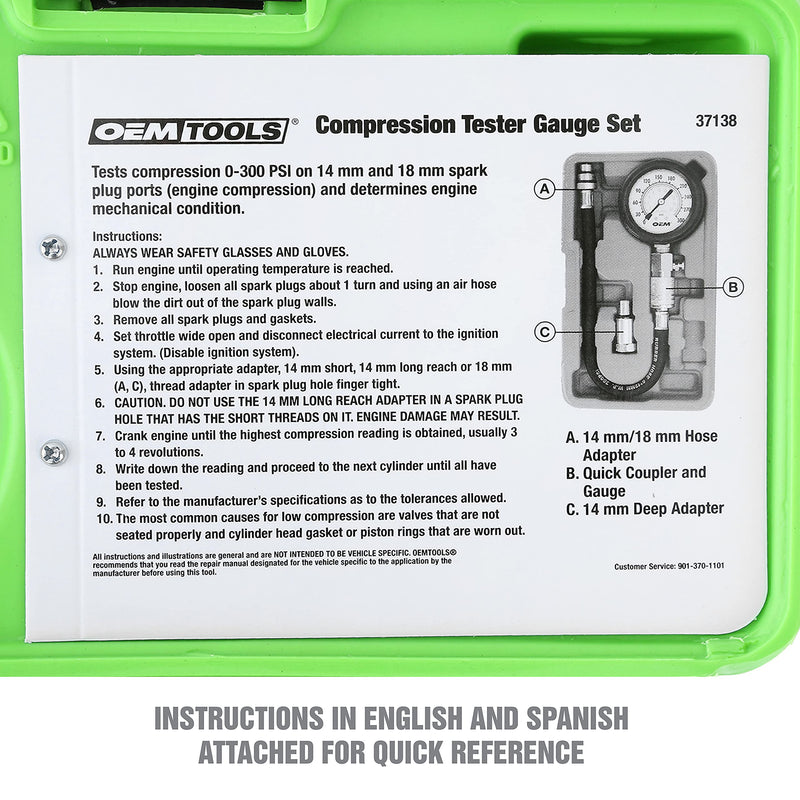 OEMTOOLS 37138 Compression Tester Gauge Set, Compression Tester Automotive, Engine Compression Tester with Flexible Hose, 14mm and 18mm Adapters