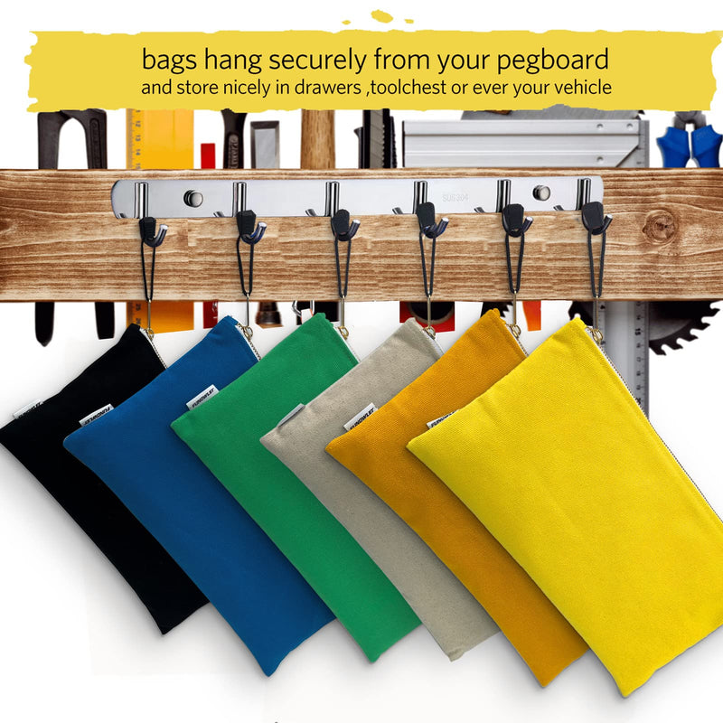 Canvas Tool Bag Zipper Pouch, 6 Pack 12.5 x 7-Inch | Heavy Duty Tools Utility Pouches, Multipurpose, Storage Organizer Tote Bags, Olive/Orange/Blue/Yellow/White/Black Olive, Orange, Blue, Yellow, White, Black