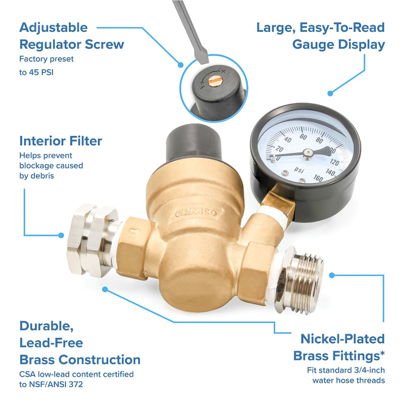 Camco Adjustable RV/Marine Brass Water Pressure Regulator | Help Stop Damage to RV/Marine Appliances, Plumbing Fixtures, and Hoses | Features Standard Garden Hose Threads for Simple Hookup | (40058)