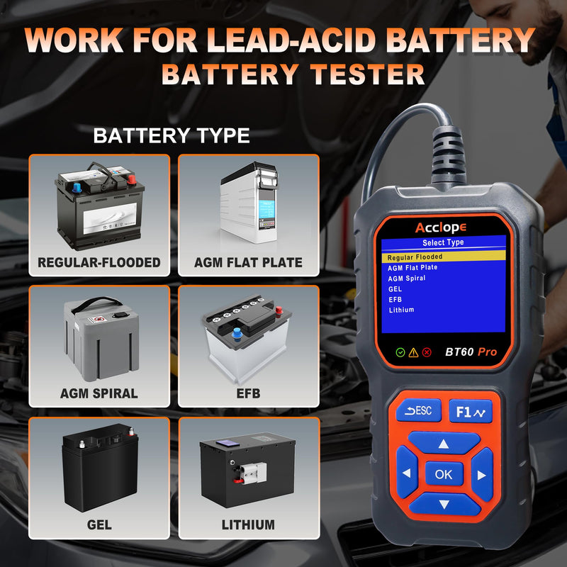  [AUSTRALIA] - BT60 Pro Acclope Car Battery Tester with Cloud Printing 100-3000 CCA 6V 12V 24V AGM Lithium Gel Battery Checker Automotive Alternator Digital Analyzer Charging Cranking System Vehicles Truck Home-use