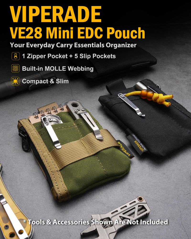 VIPERADE VE28 6-in-1 EDC Pouch, 500D Compact EDC Pocket Organizer, Molle Extension Tool Storage Bag, Small Coin Purse/Card Holder/Swiss Army Knife Pocket Pouch (Green/Tan) Green/Tan