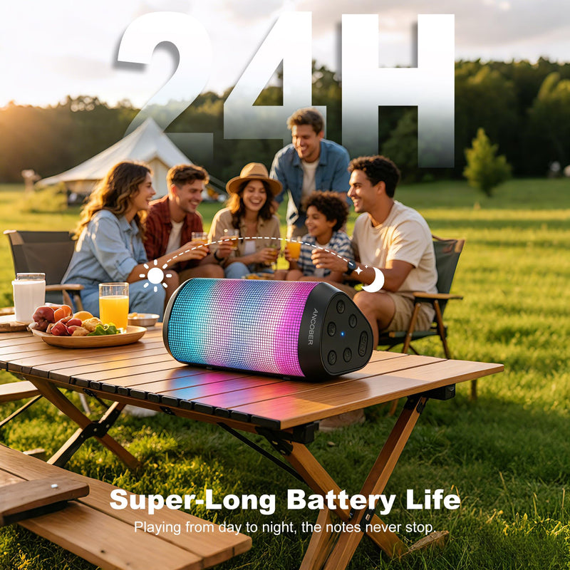Portable Bluetooth Speaker Powerful HD Loud Sound, LED Lights, IPX4 Wateproof, 24H Playtime, Wireless TWS Pairing, Built-in Mic, for Home/Outdoor/Party, Cool Electronics, Birthday Gifts for Men Women Black