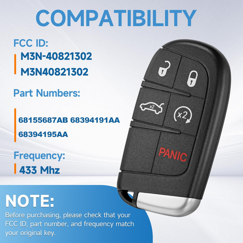 Smart Key Fob Replacement Remote fits for Chrysler 200 2015 2016 2017 Chrysler 300 Dodge Charger Challenger 2019 2020 2021 2022 2023 Car Keyless Entry M3N-40821302 433Mhz ID4A