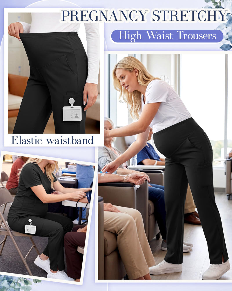 Women's Maternity Scrub Pants 6 Pockets Stretchy Pregnancy Cargo Workwear Straight Leg High Waist Nurse Trousers Black Medium